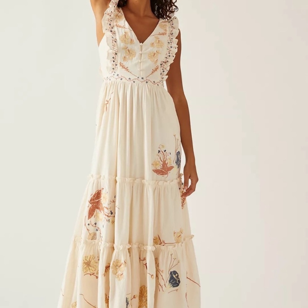 Anthropologie X Allison New York V Neck Embroidered Maxi Dress Floral Cream M